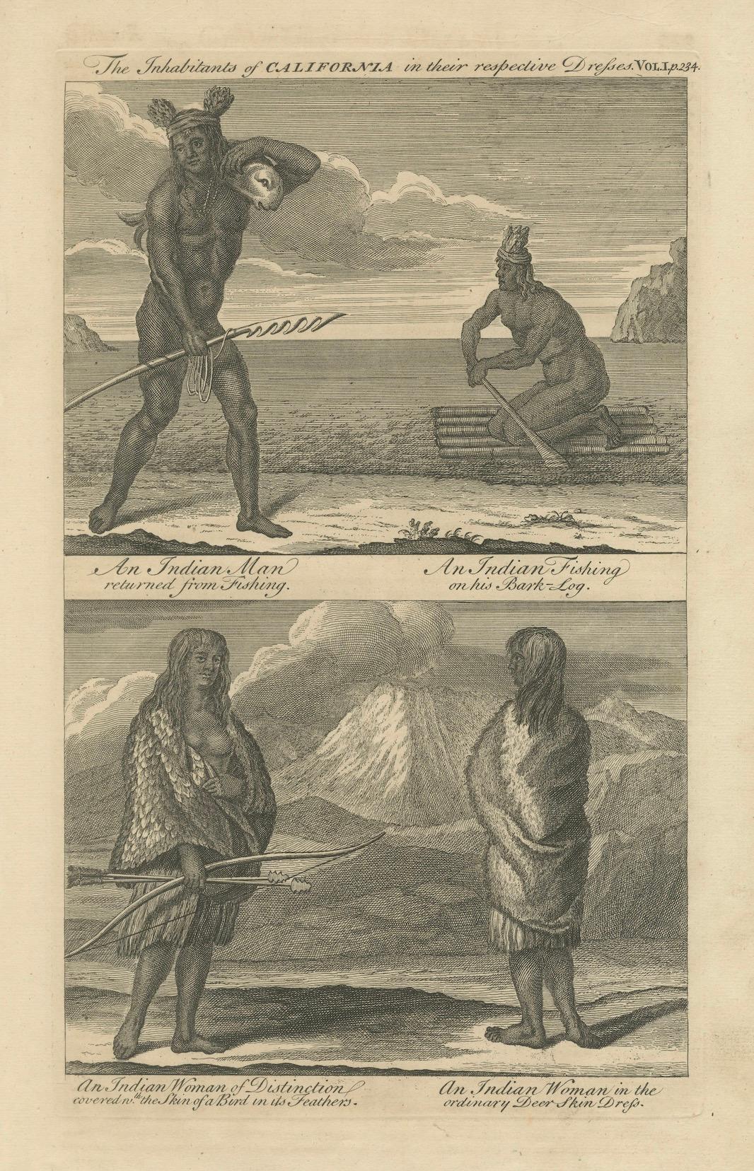 Inhabitants of California, Indigenous Dress and Daily Life Engraving, c1774