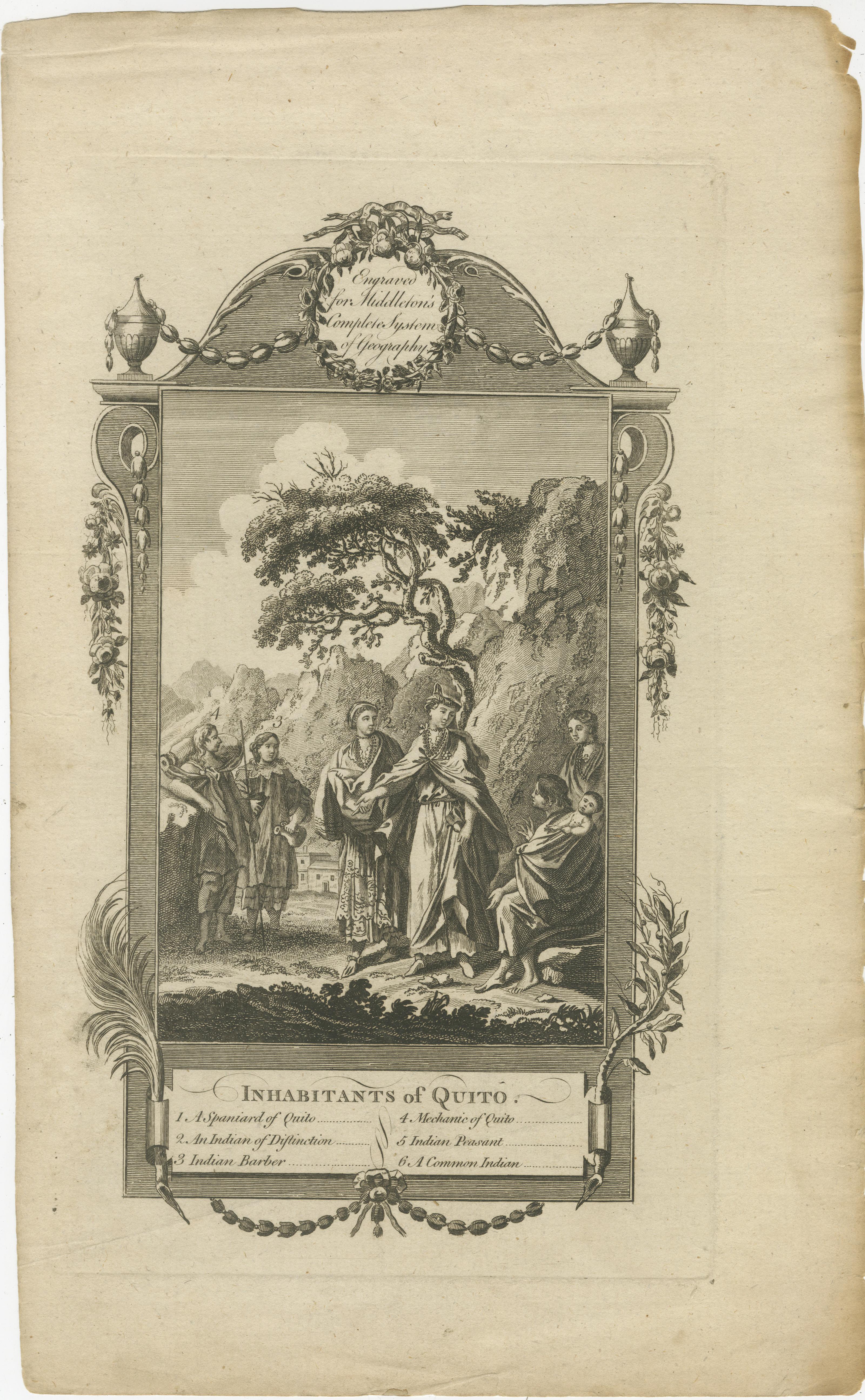 Inhabitants of Quito, South America, from Middleton's Geography, 1777

This antique engraving, titled 'Inhabitants of Quito', was produced for Charles Theodore Middleton's 'A Complete System of Geography' (London, 1777). It is a beautifully detailed