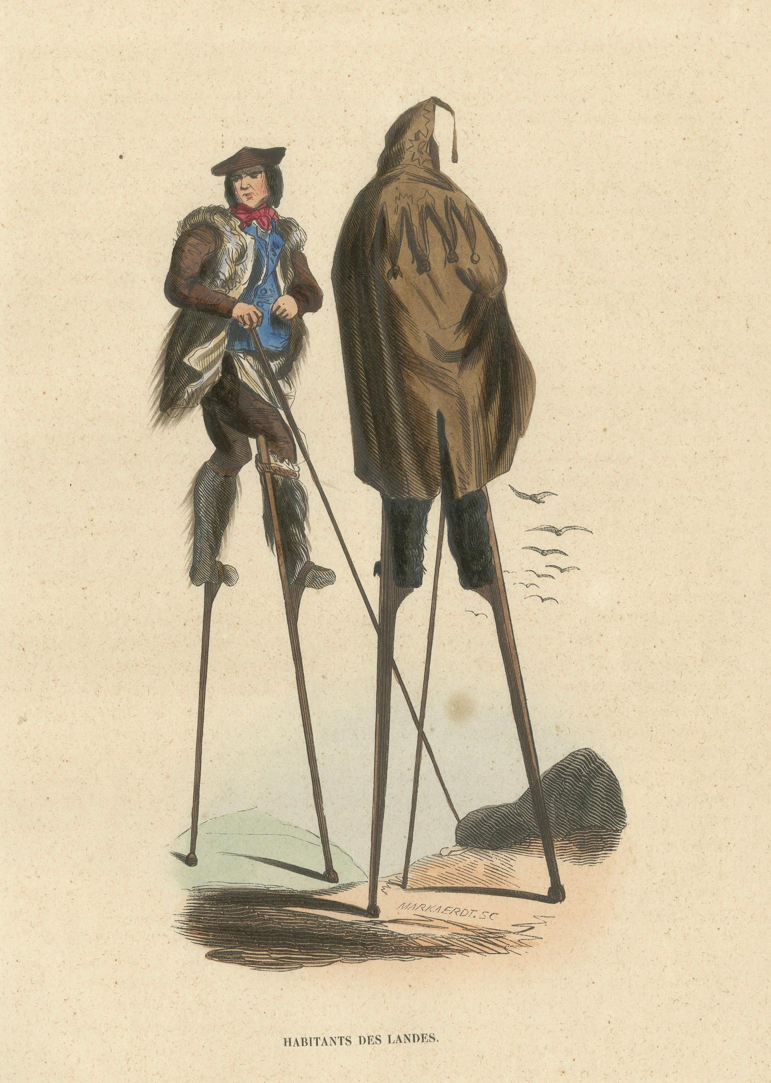Inhabitants of the Landes on Stilts, France, Hand-Coloured Lithograph, c.1845