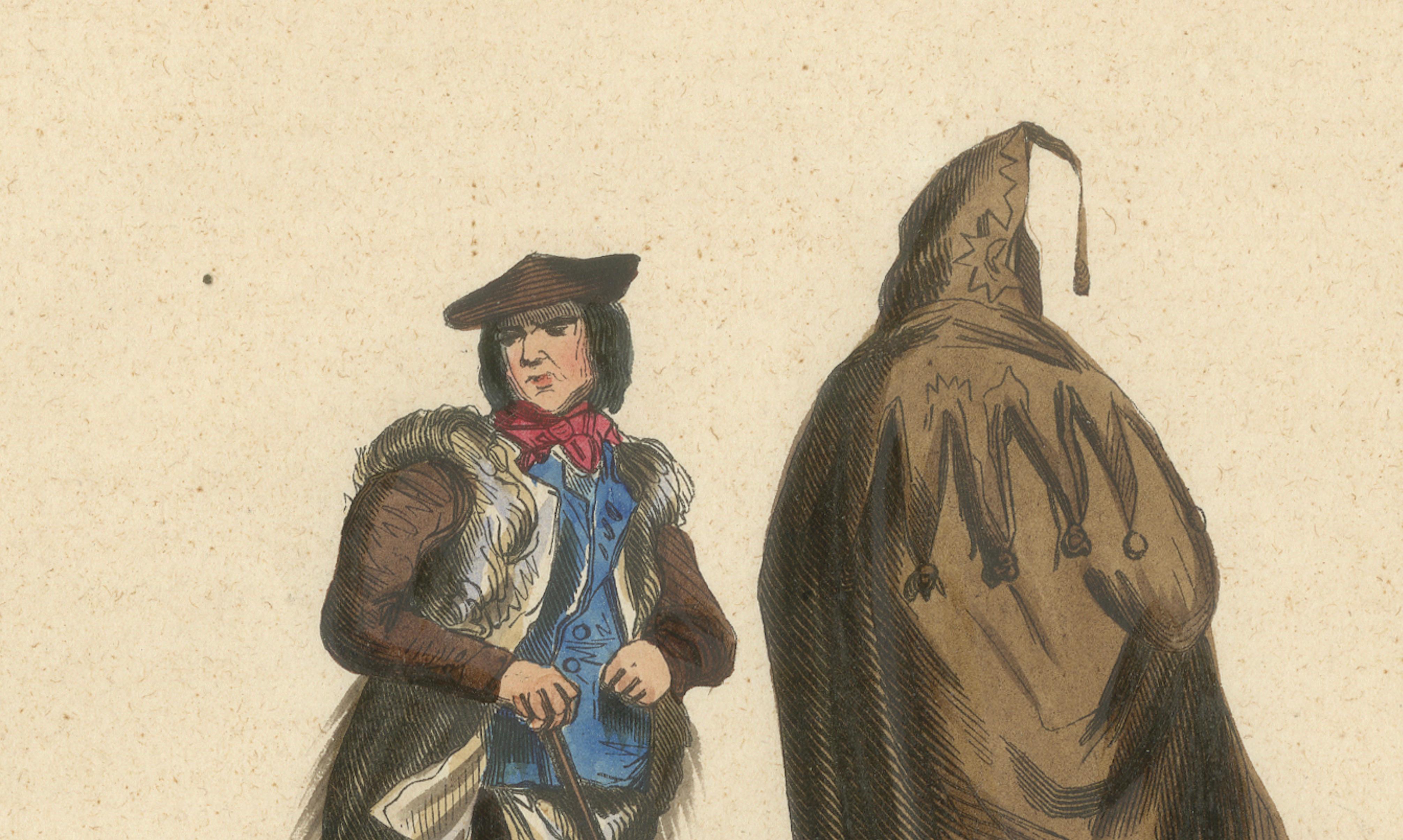 Inhabitants of the Landes on Stilts, France, Hand-Coloured Lithograph, c.1845