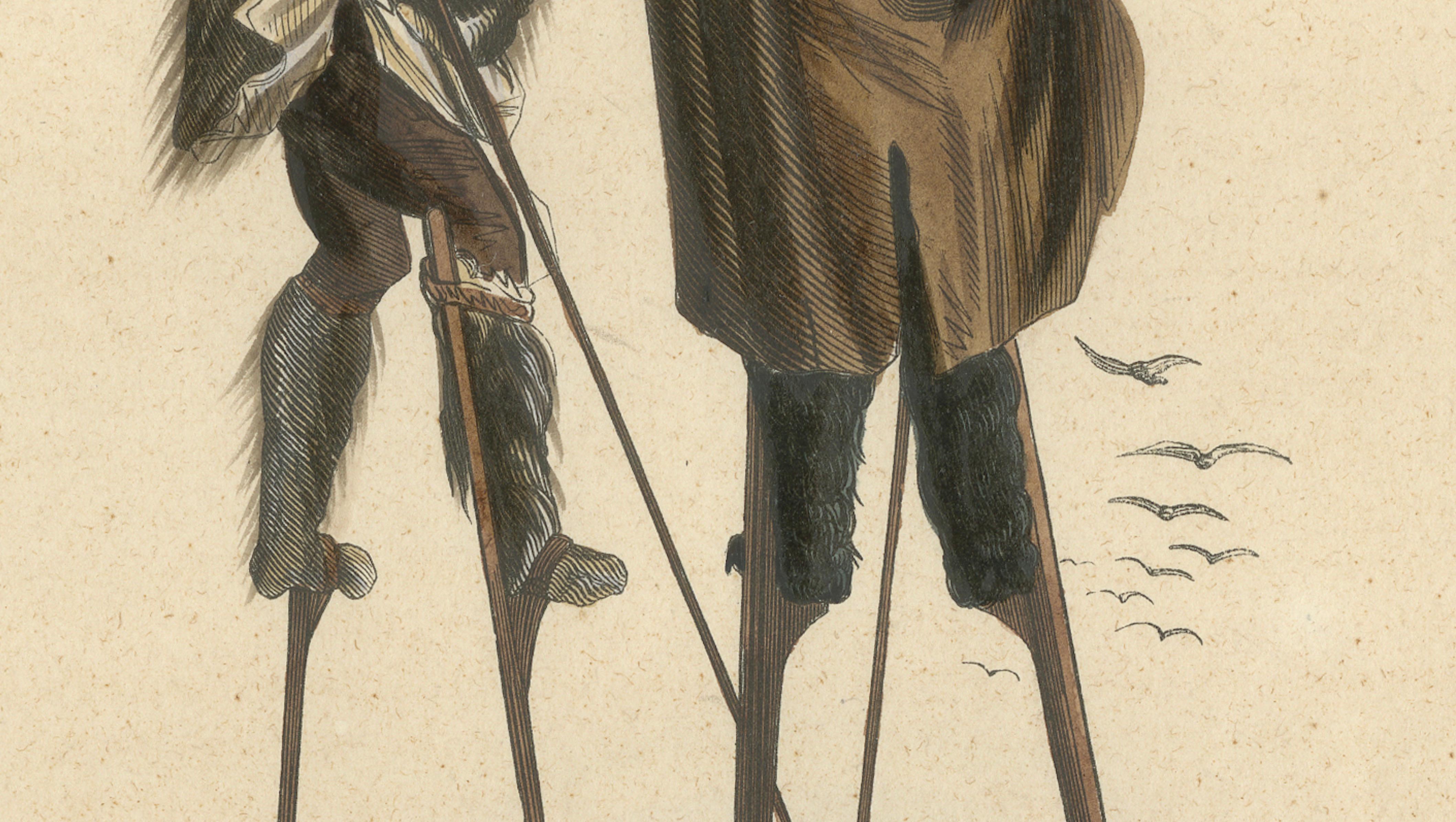 Inhabitants of the Landes on Stilts, France, Hand-Coloured Lithograph, c.1845