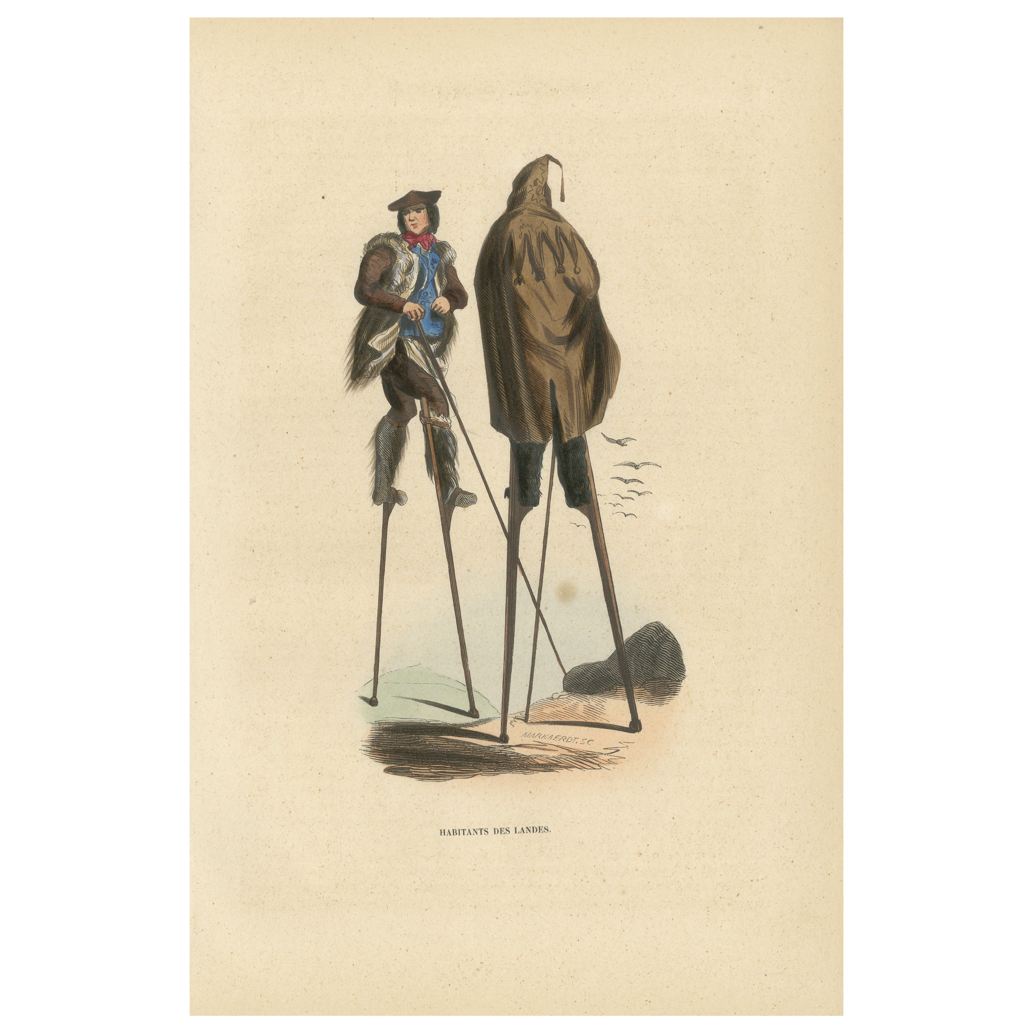 Inhabitants of the Landes on Stilts, France, Hand-Coloured Lithograph, c.1845