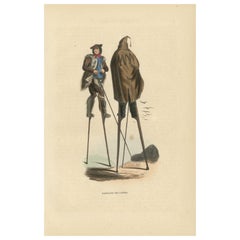 Inhabitants of the Landes on Stilts, France, Hand-Coloured Lithograph, c.1845
