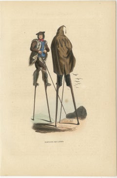 Inhabitants of the Landes on Stilts, France, Hand-Coloured Lithograph, c.1845