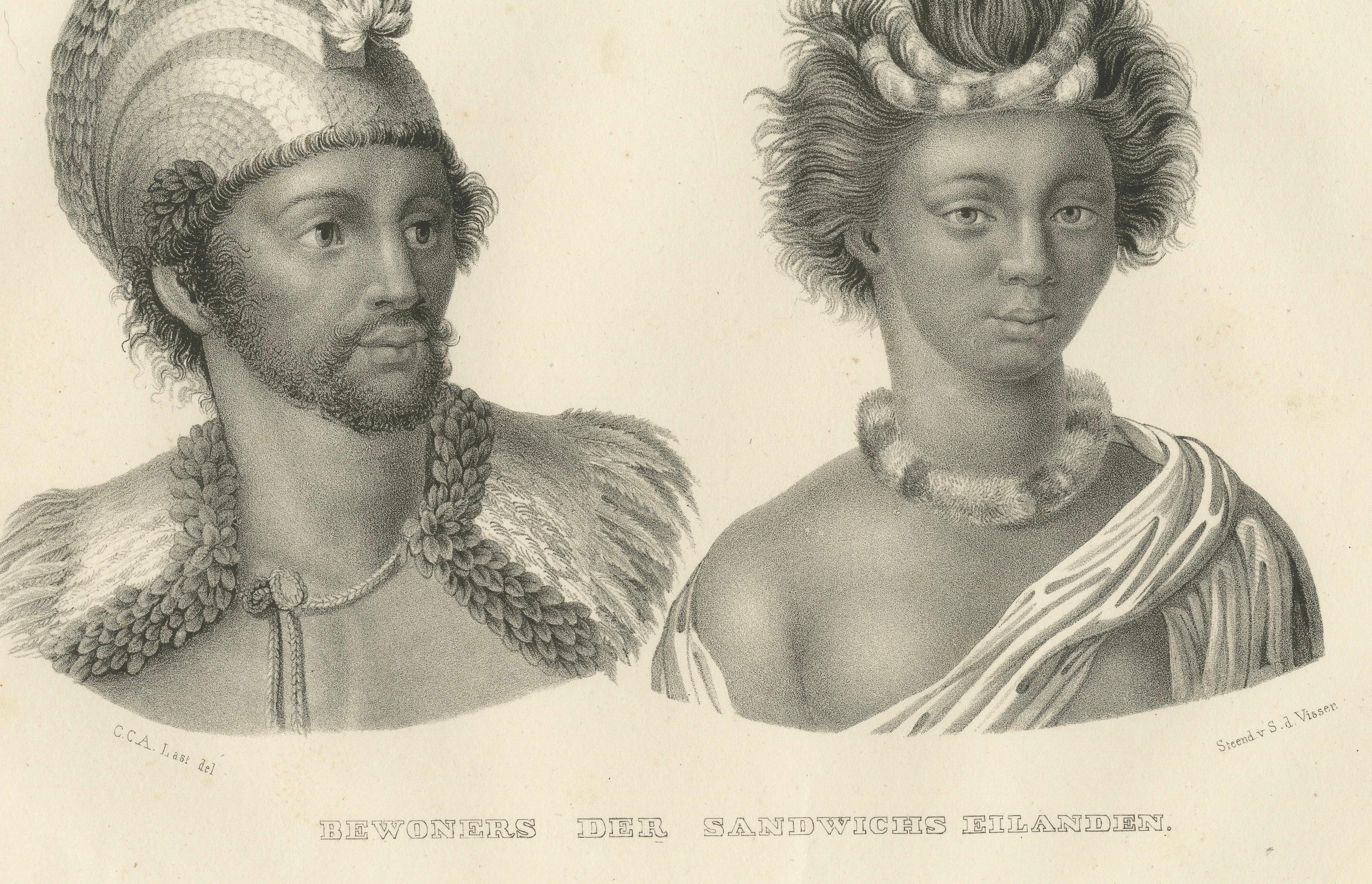 Esta litografía de Karl Joseph Brodtmann representa a dos individuos de las Islas Sándwich, ahora conocidas como Hawai. La obra refleja el interés etnográfico de Brodtmann por documentar el aspecto, la vestimenta y los adornos de los pueblos