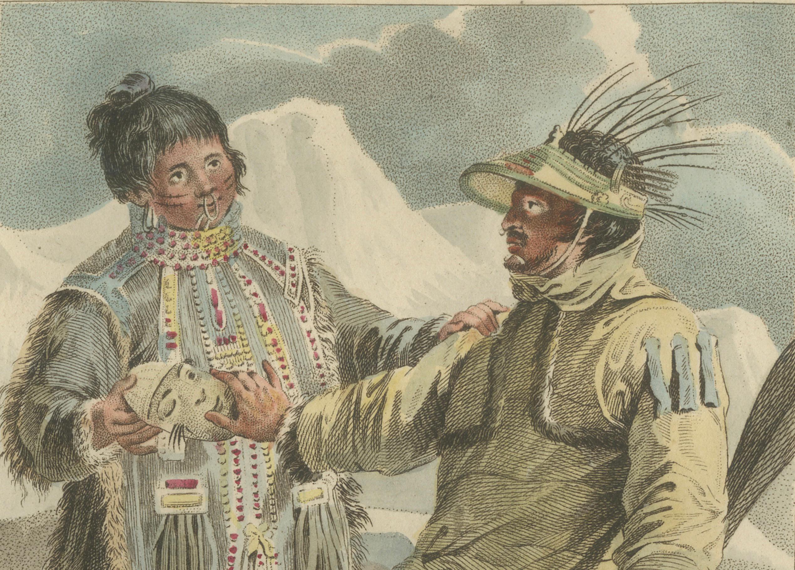 Inhabitants of Unalaska, Alaska – Antique Hand-Colored Ethnographic Print c.1805
