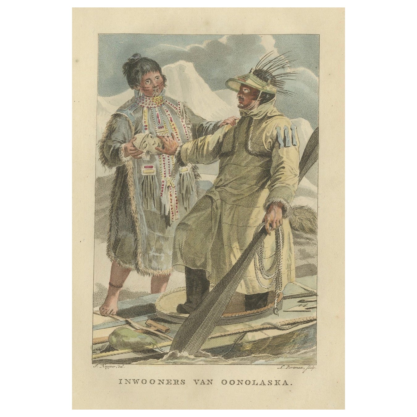 Einwohner von Unalaska, Alaska - Antiker handkolorierter ethnografischer Druck um 1805