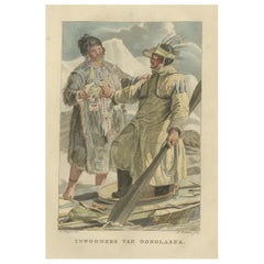 Einwohner von Unalaska, Alaska - Antiker handkolorierter ethnografischer Druck um 1805