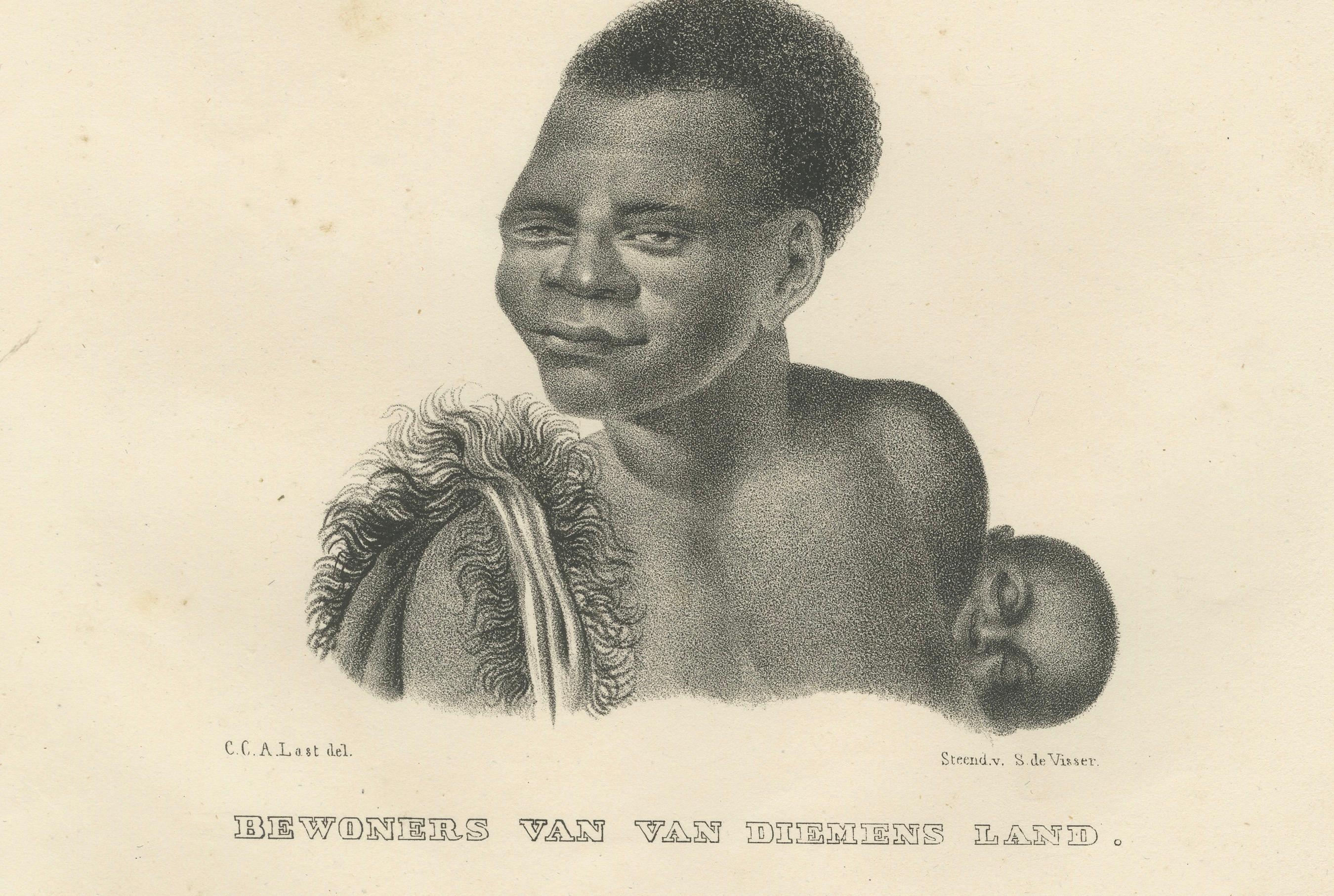 Estas dos litografías forman parte de la serie que representa a los pueblos nativos de la Tierra de Van Diemen, ahora conocida como Tasmania, dibujada por Carel Christiaan Antony Last para el libro de historia natural *Volledige Natuurlijke Historie