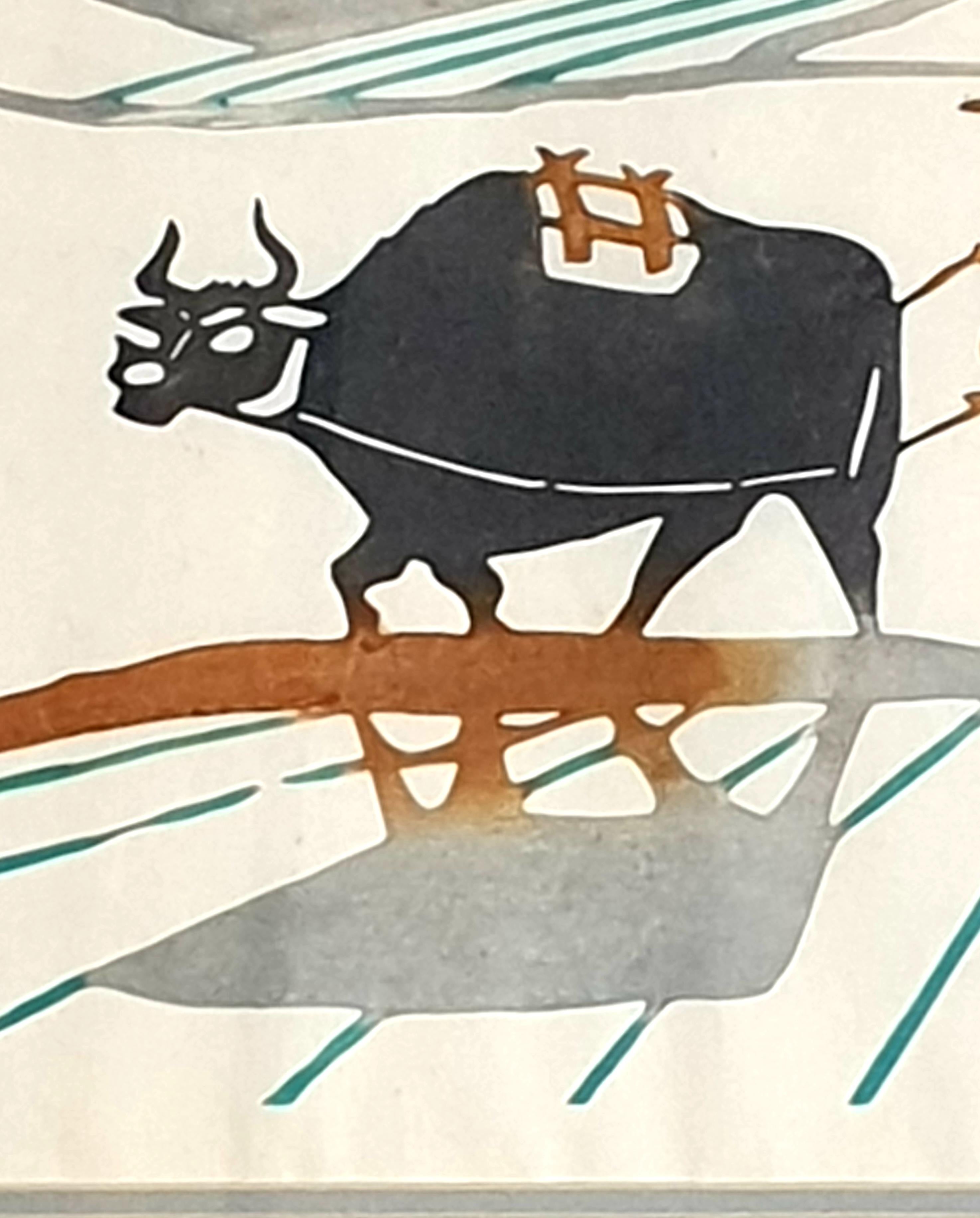 (創作版画 Mid-Century Japanese Coloured Woodblock Print. Ploughing the Fields. For Sale 7