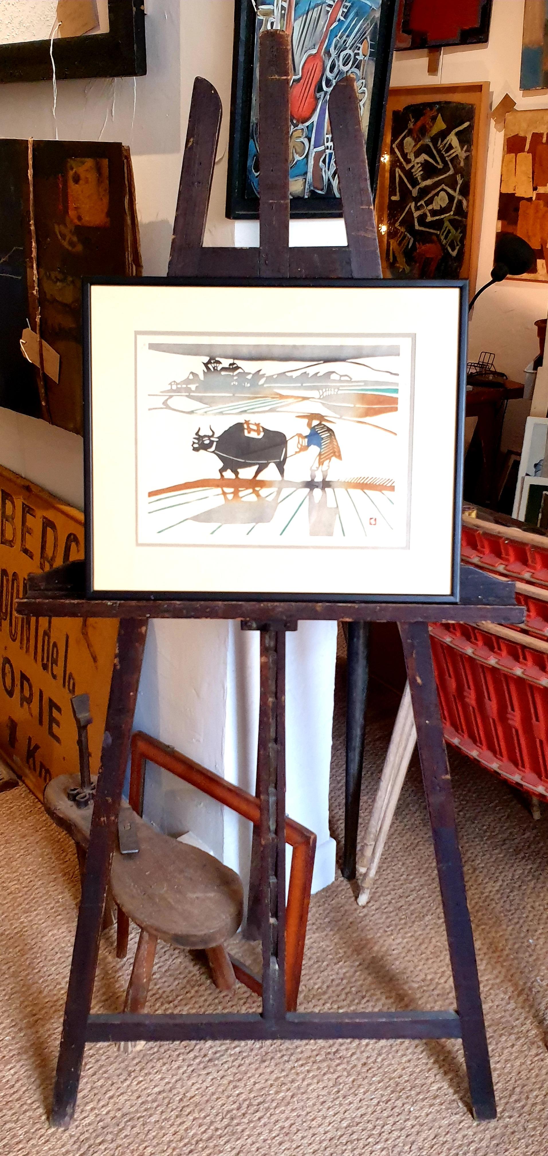 (創作版画 Mid-Century Japanese Coloured Woodblock Print. Ploughing the Fields. For Sale 14