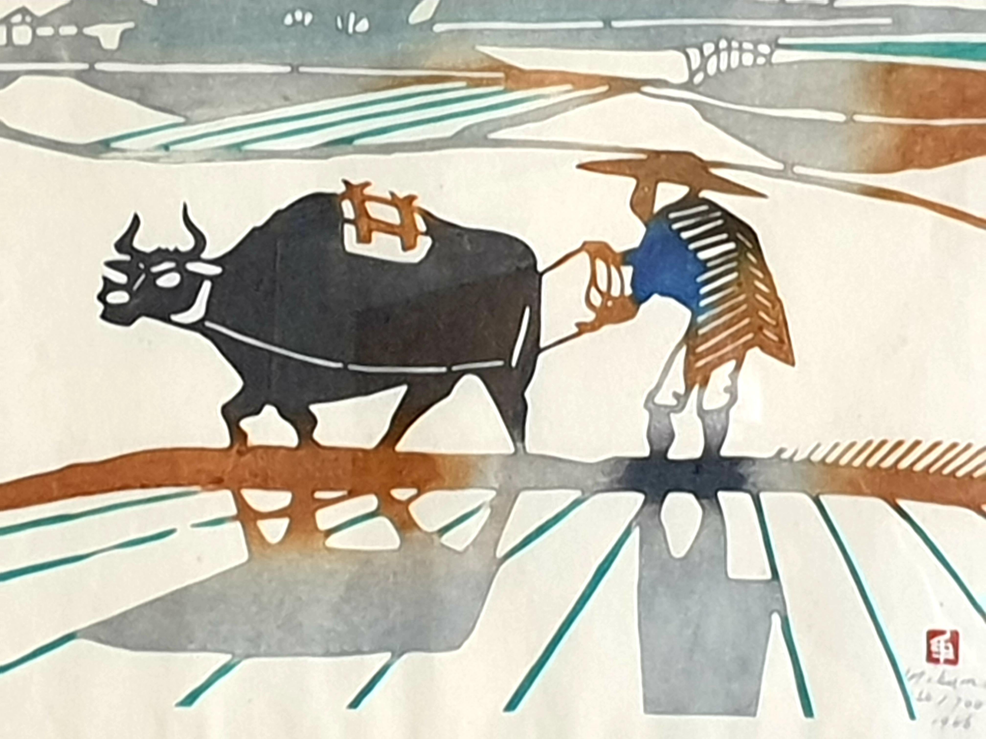 (創作版画 Mid-Century Japanese Coloured Woodblock Print. Ploughing the Fields. - Beige Animal Print by Ini Kumo