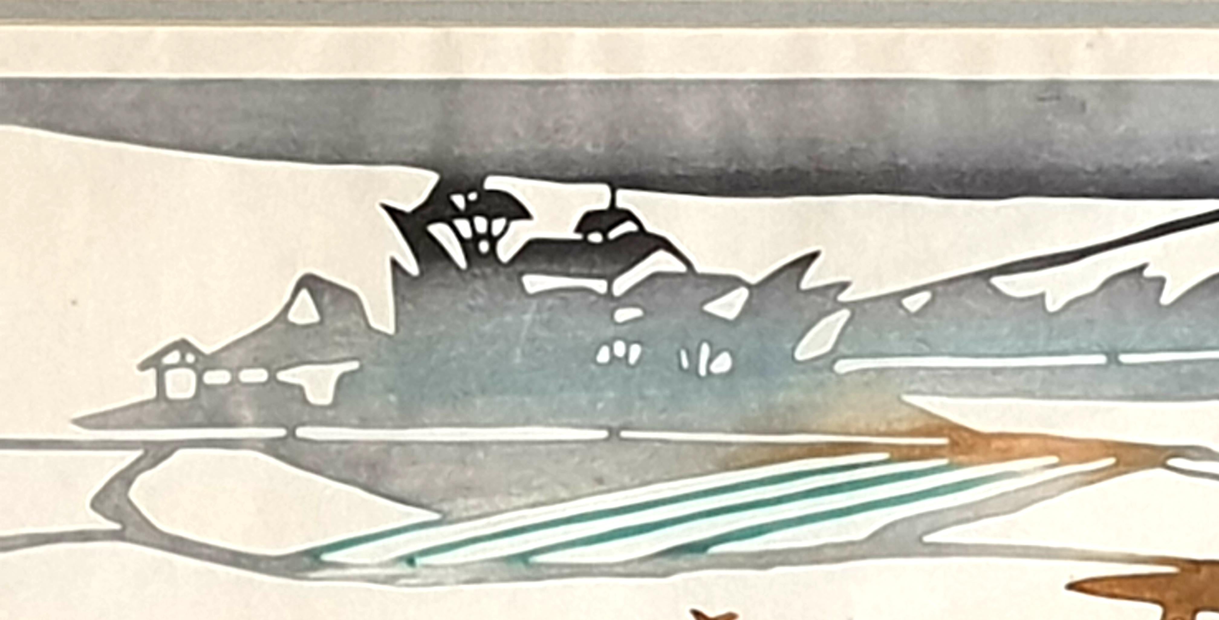 (創作版画 Mid-Century Japanese Coloured Woodblock Print. Ploughing the Fields. For Sale 1