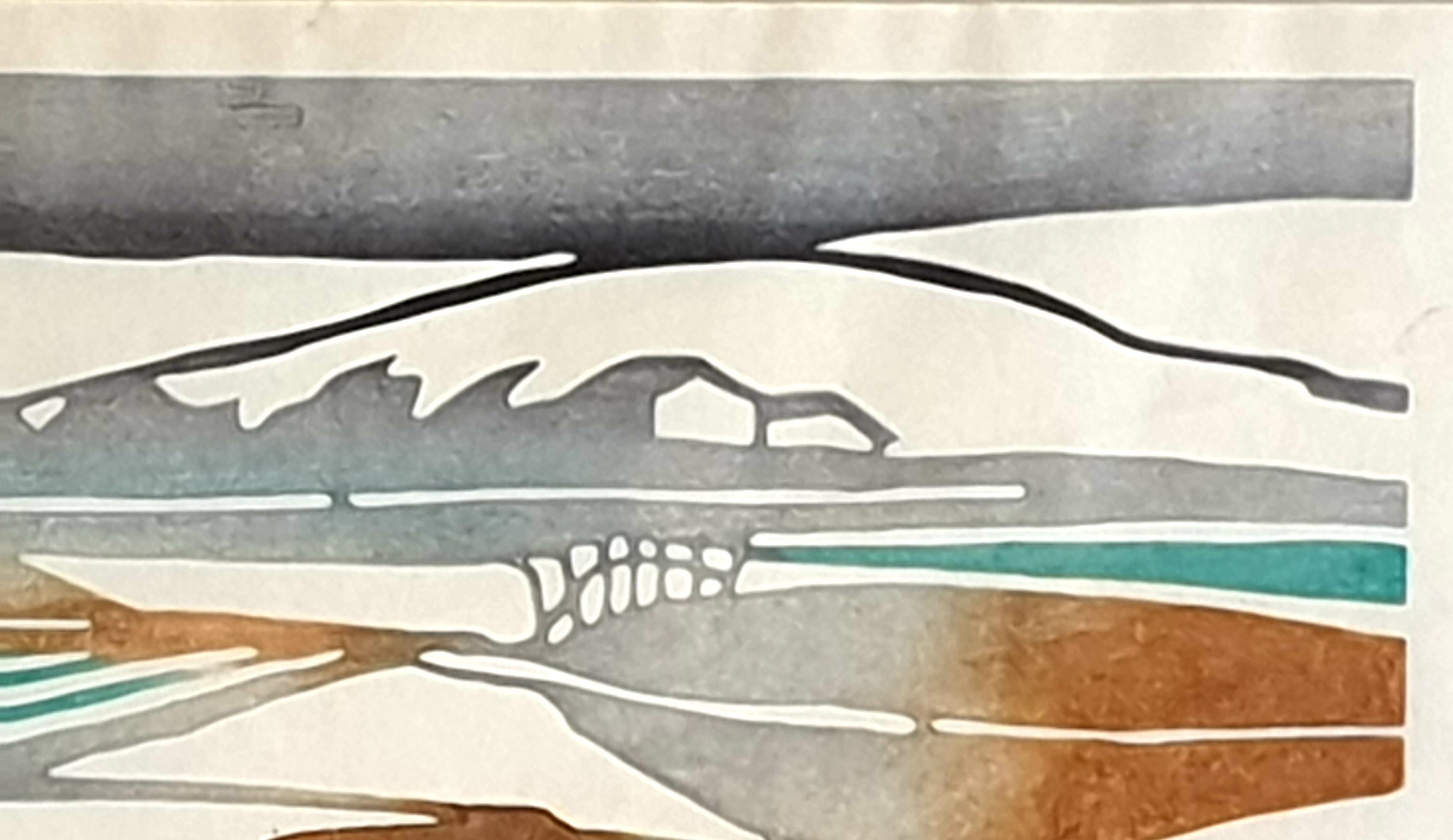 (創作版画 Mid-Century Japanese Coloured Woodblock Print. Ploughing the Fields. For Sale 2