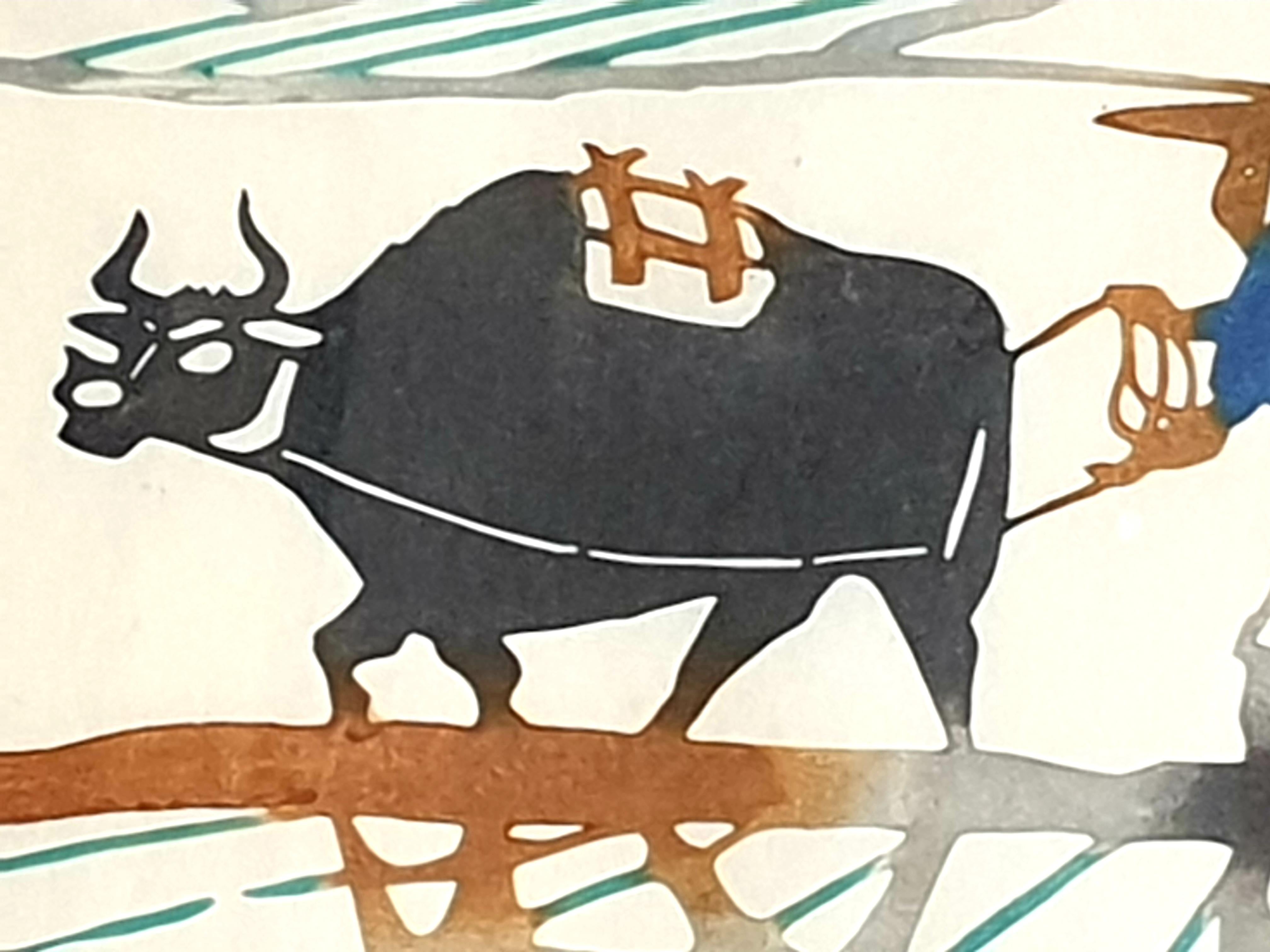 (創作版画 Mid-Century Japanese Coloured Woodblock Print. Ploughing the Fields. For Sale 4