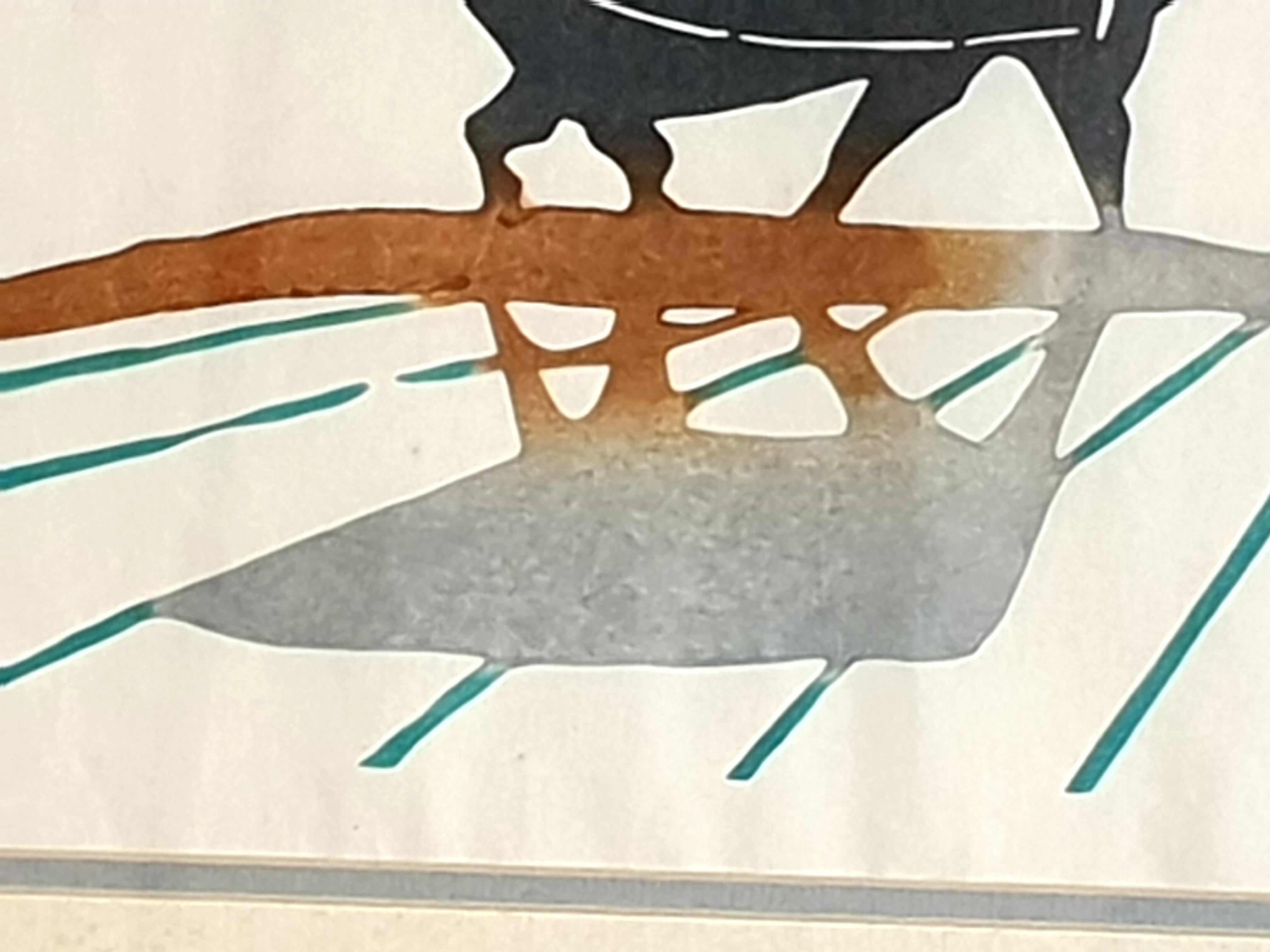 (創作版画 Mid-Century Japanese Coloured Woodblock Print. Ploughing the Fields. For Sale 5
