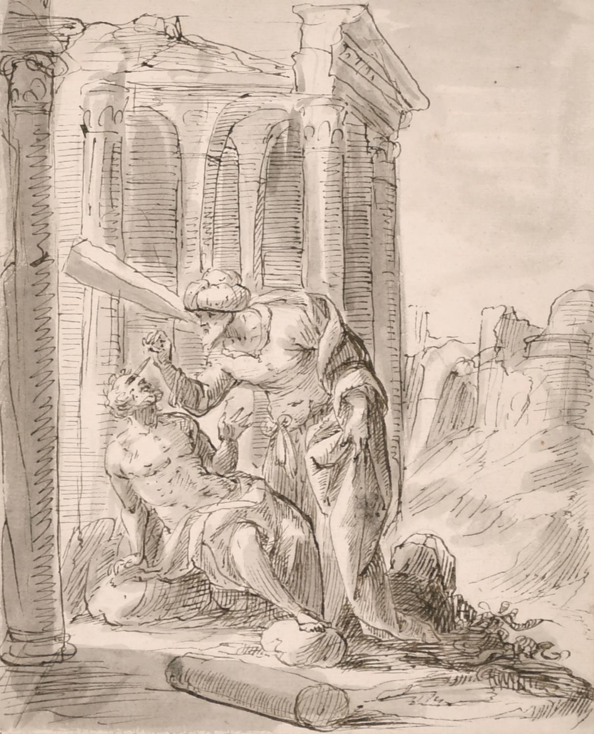 Inigo Jones (1573-1652) Figurative Painting - FINE EARLY 17TH CENTURY OLD MASTER INK DRAWING - THE HEALING OF A BLIND MAN