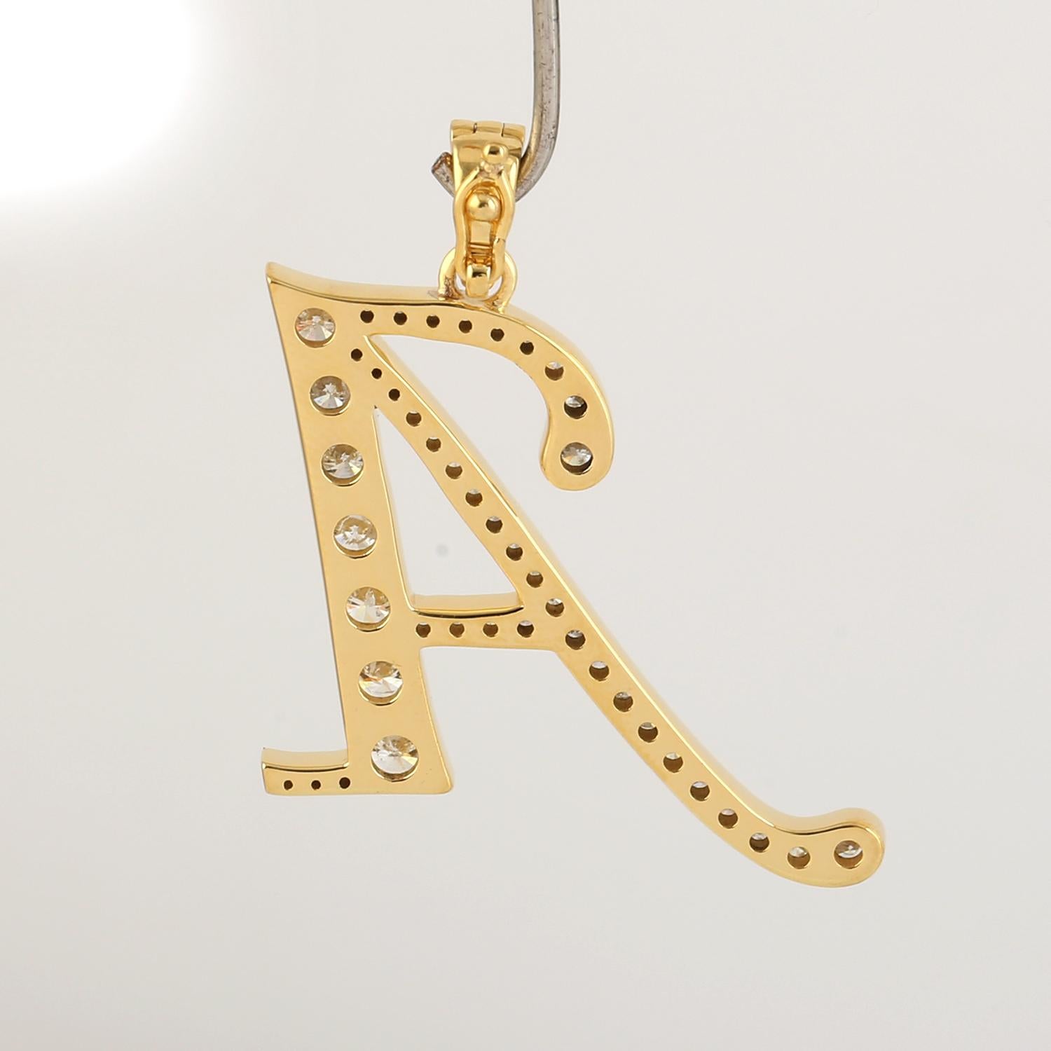 Art Deco Initial A Alphabet Letter Charm Pendant w/ Pave Diamonds Made In 14K Yellow Gold For Sale