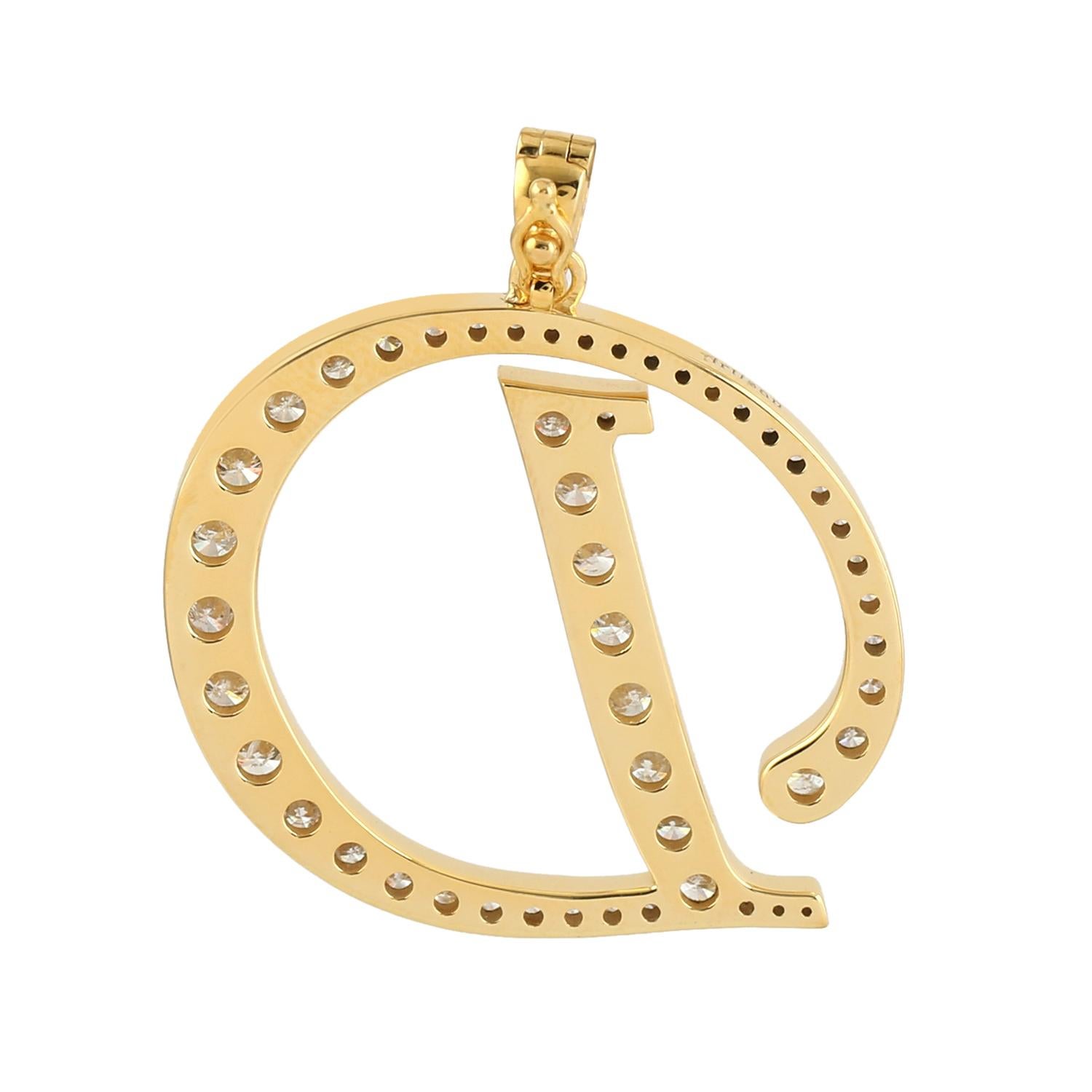Art déco Pendentif breloque lettre d'alphabet initiale D avec diamants pavés en or jaune 14 carats en vente