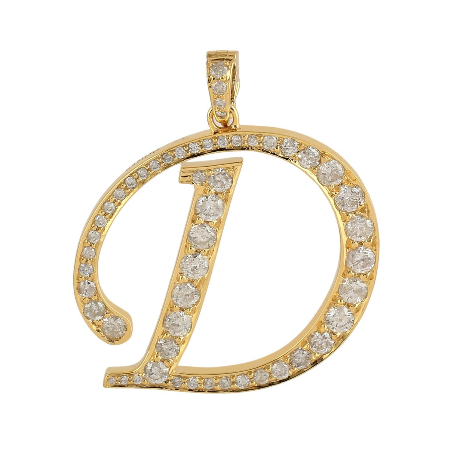Pendentif breloque lettre d'alphabet initiale D avec diamants pavés en or jaune 14 carats Neuf - En vente à New York, NY
