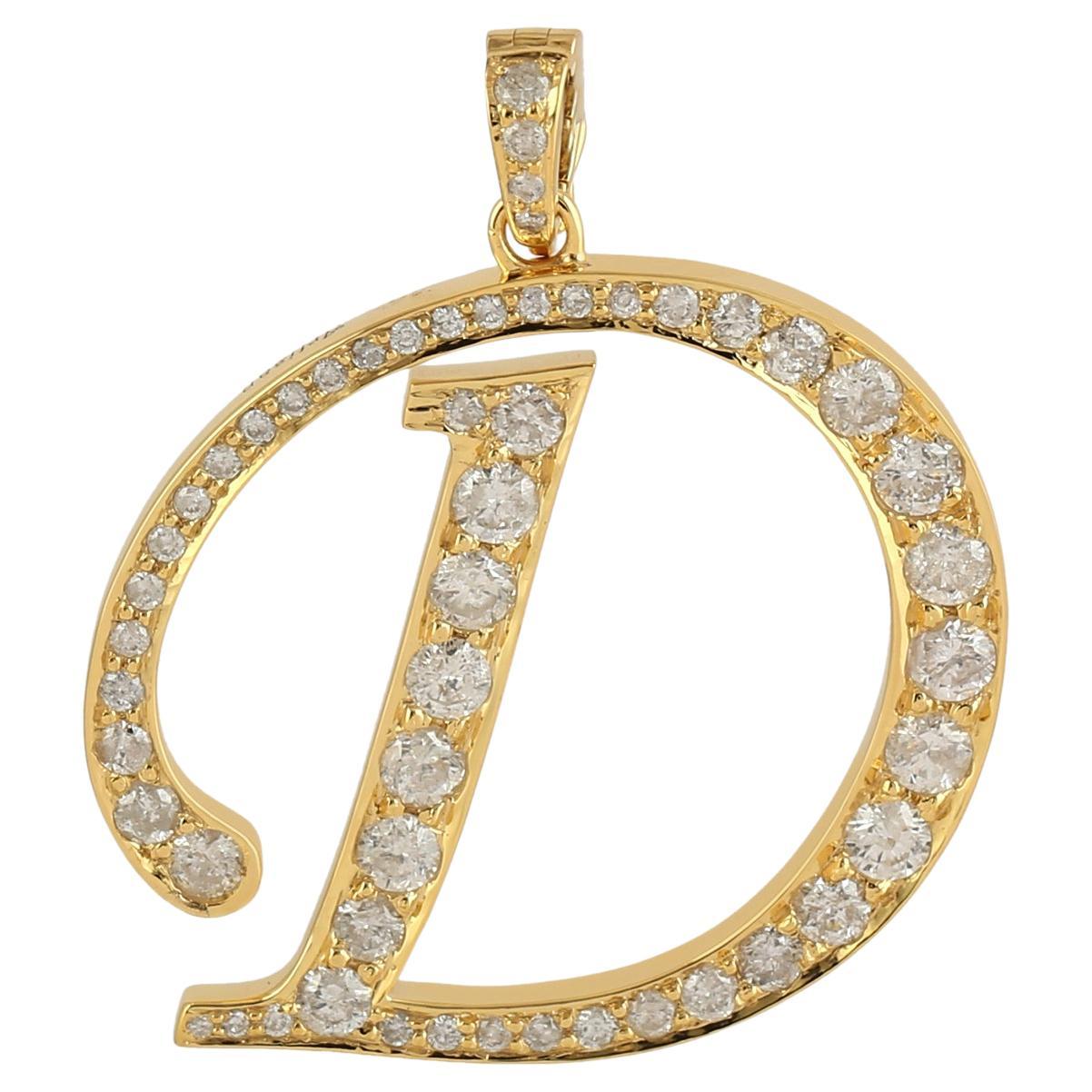 Initial D Alphabet Letter Charm Pendant w/ Pave Diamonds Made In 14K Yellow Gold For Sale