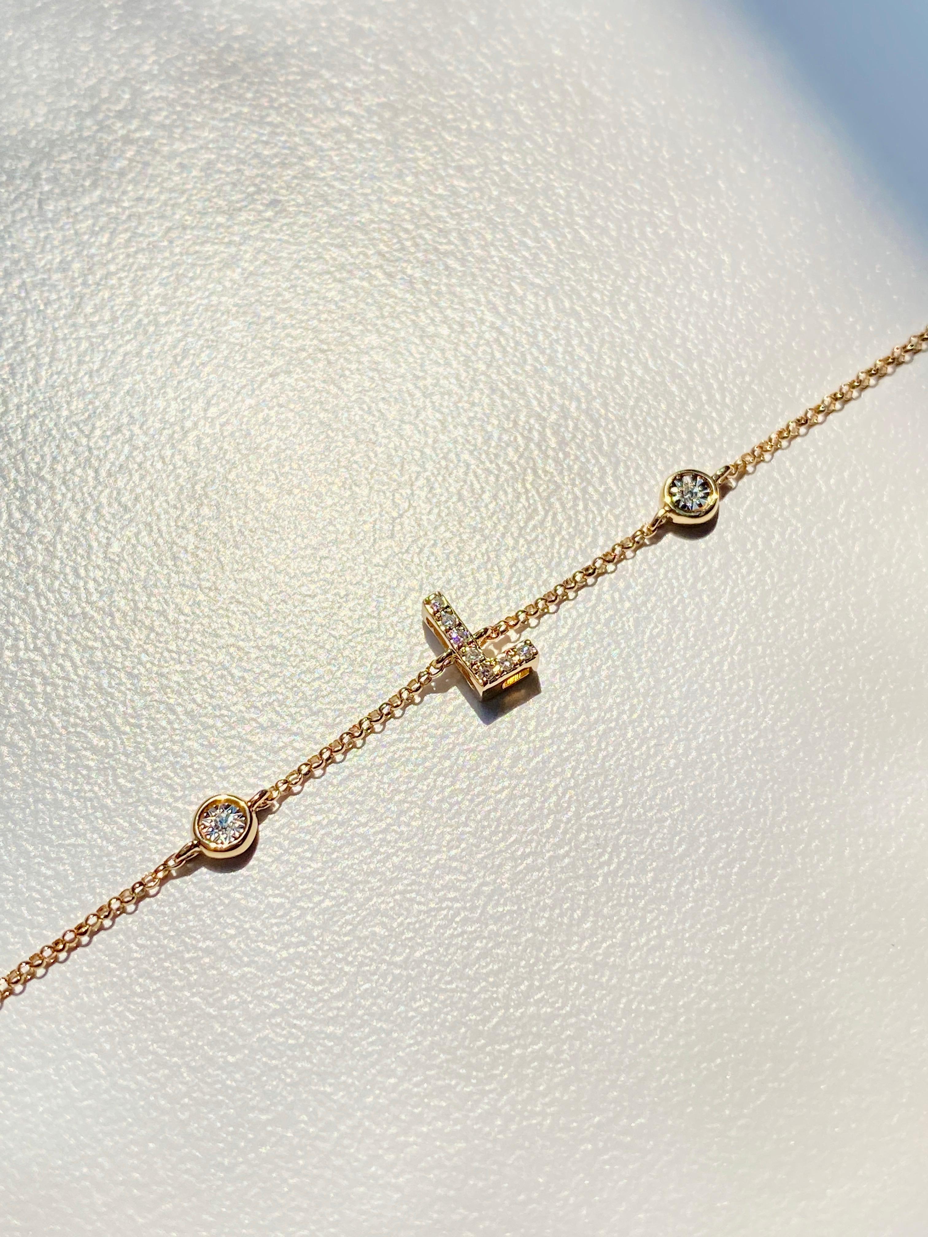 Initial Diamond Bracelet Collection in 14k Solid Yellow Gold, Dainty Bracelet For Sale 5