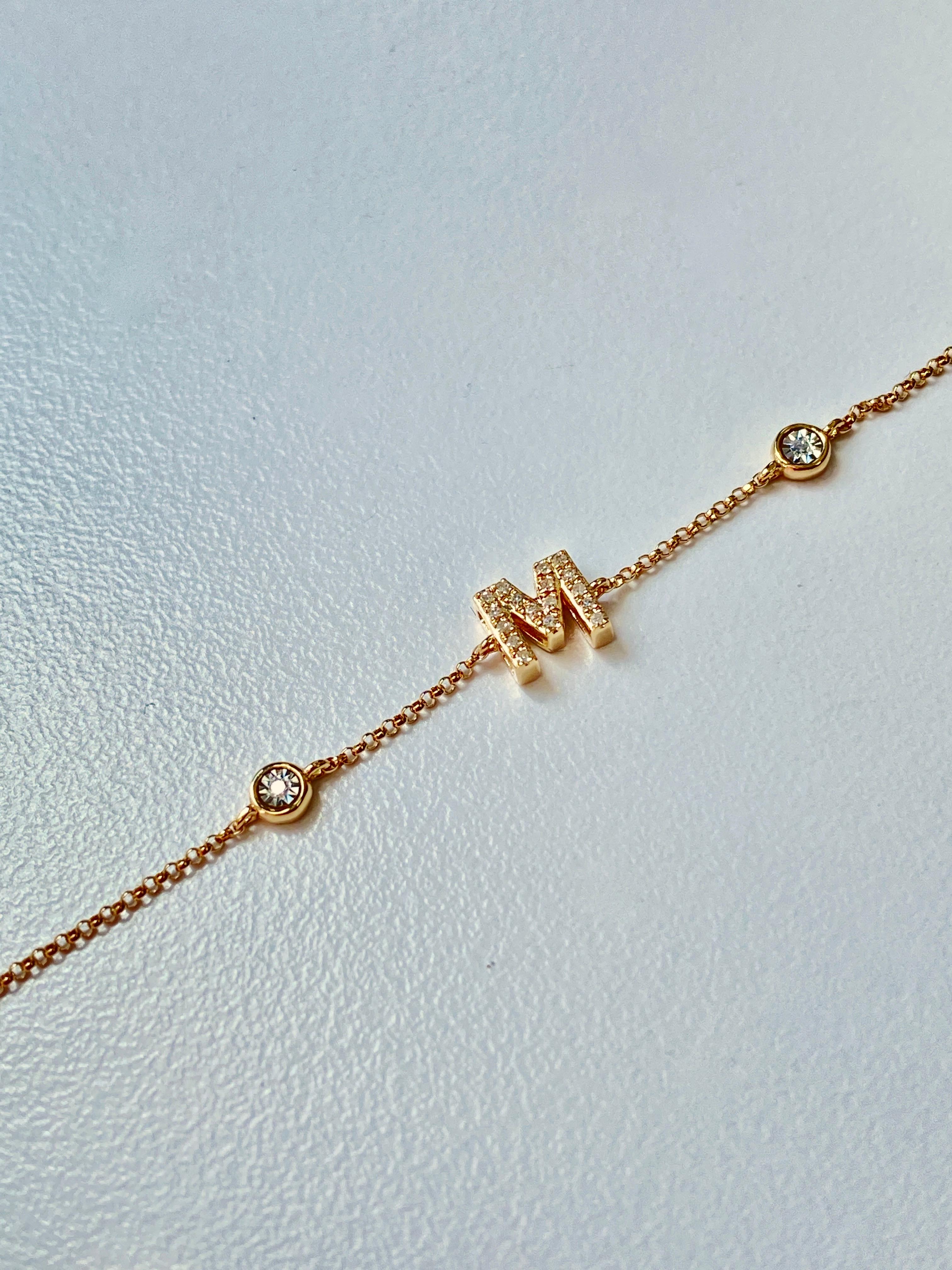 Initial Diamond Bracelet Collection in 14k Solid Yellow Gold, Dainty Bracelet For Sale 3