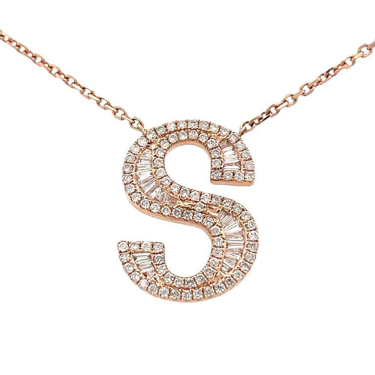 Modern Initial Diamond Pendant Necklace Baguette & Round 0.50CT G/SI 14K Rose Gold 16