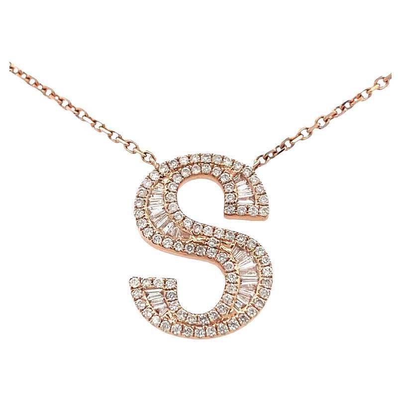 Initial Diamond Pendant Necklace Baguette & Round 0.50CT G/SI 14K Rose Gold 16" For Sale