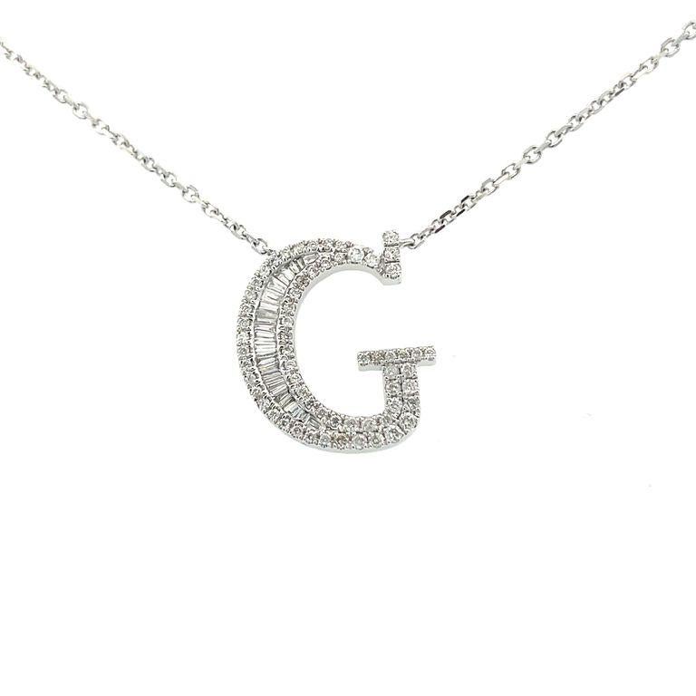 Initial-Diamant-Anhänger-Halskette Baguette & rund 0,50CT G/SI 14K Weißgold (Moderne)