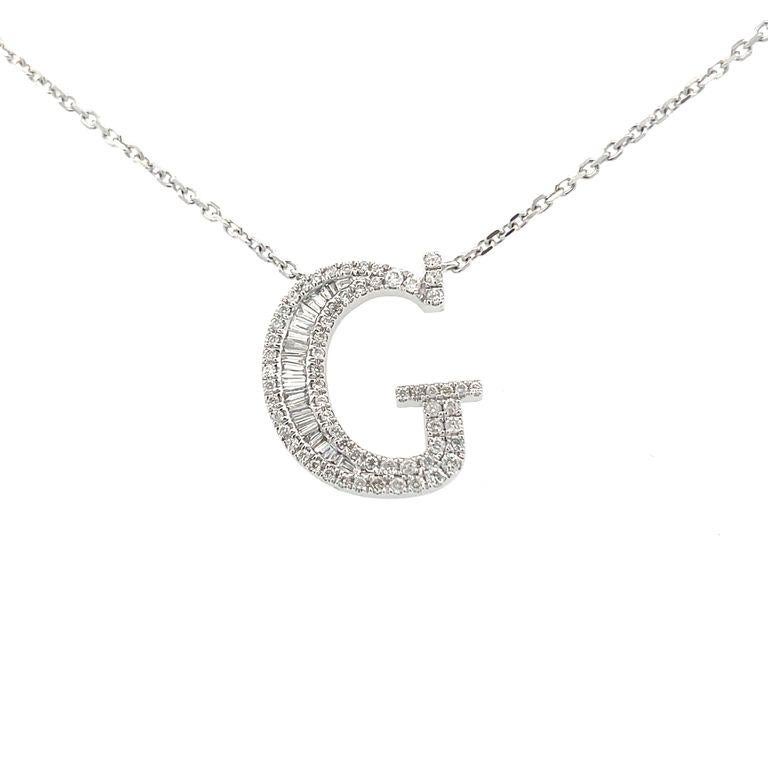 Initial-Diamant-Anhänger-Halskette Baguette & rund 0,50CT G/SI 14K Weißgold (Baguetteschliff)