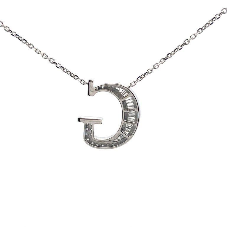 Baguette Cut Initial Diamond Pendant Necklace Baguette & Round 0.50CT G/SI 14K White Gold For Sale