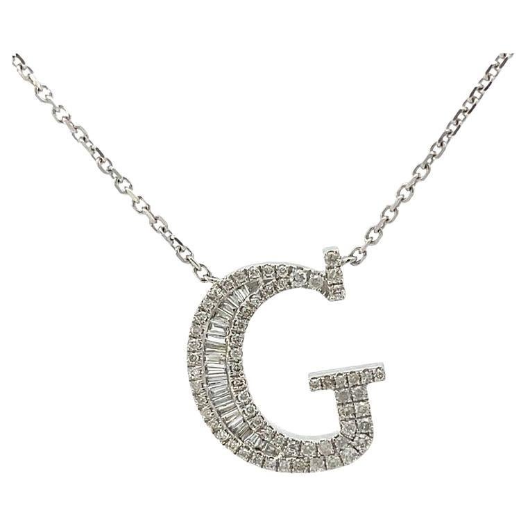 Initial Diamond Pendant Necklace Baguette & Round 0.50CT G/SI 14K White Gold For Sale