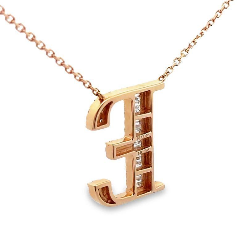 Modern Initial Diamond Pendant Necklace Baguette & Round 0.60CT G/SI 14K Rose Gold 16' For Sale
