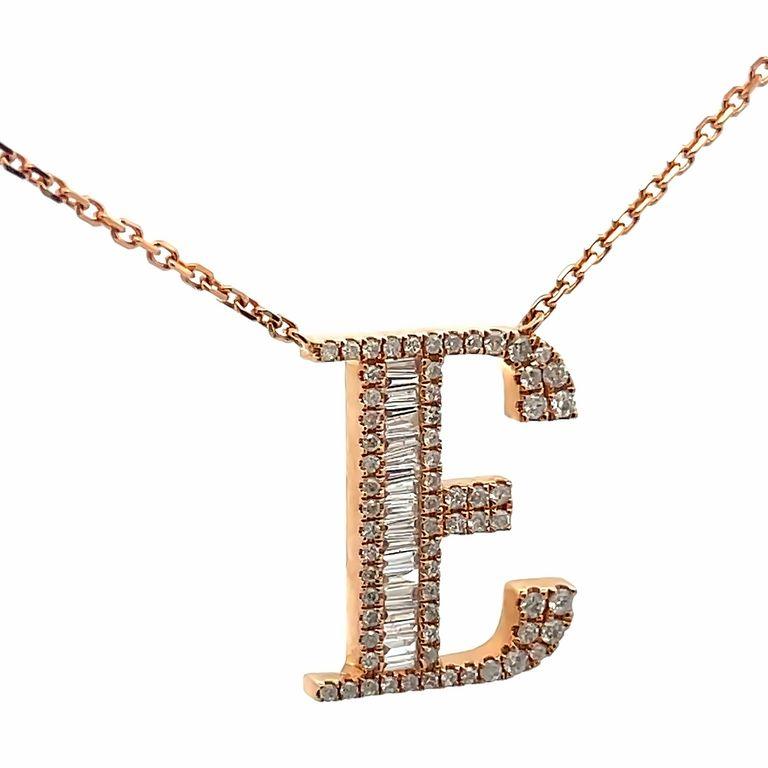 Initial Diamond Pendant Necklace Baguette & Round 0.60CT G/SI 14K Rose Gold 16' In New Condition For Sale In New York, NY