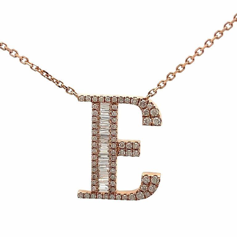 Women's or Men's Initial Diamond Pendant Necklace Baguette & Round 0.60CT G/SI 14K Rose Gold 16' For Sale