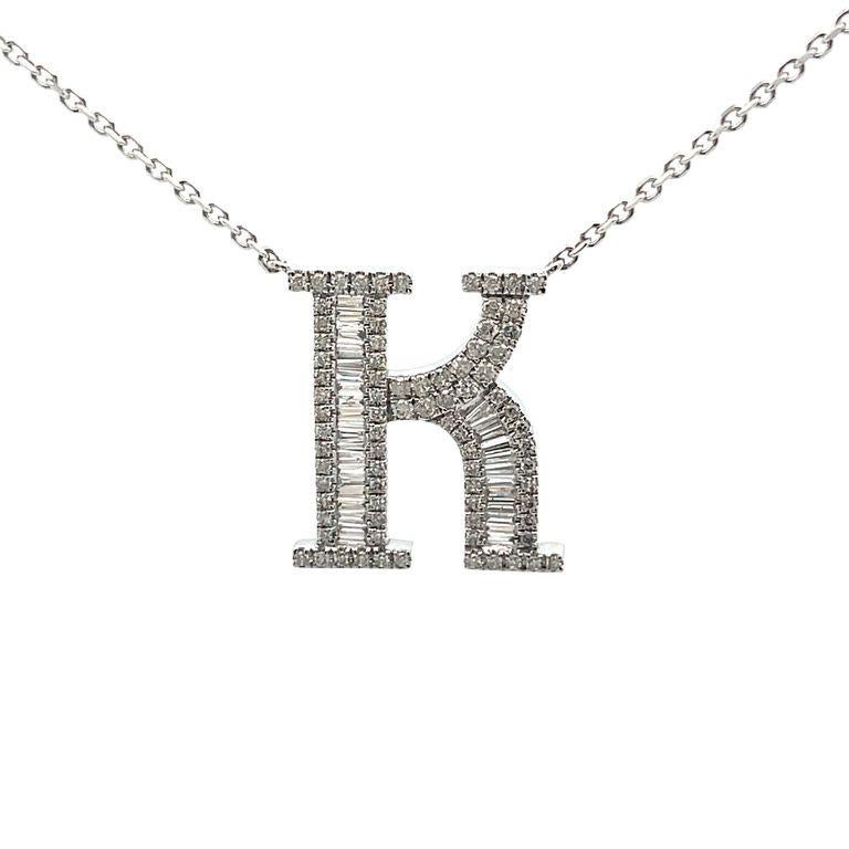 Modern Initial Diamond Pendant Necklace Baguette & Round 0.62CT G/SI 14K White Gold 16' For Sale