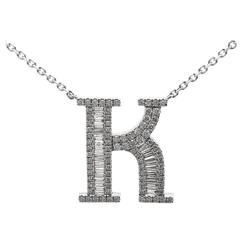 Initial Diamond Pendant Necklace Baguette & Round 0.62CT G/SI 14K White Gold 16' For Sale