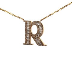 Initial Diamond Pendant Necklace Baguette & Round 0.72CT G/SI 14K Yellow Gold