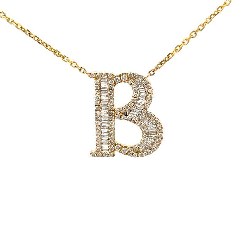 Introducing our exquisite diamond pendant necklace with a captivating letter B, this design is created using white diamonds in two different shapes, baguette and round, with a total carat of 0.80 carats. These diamonds are G color with SI clarity.