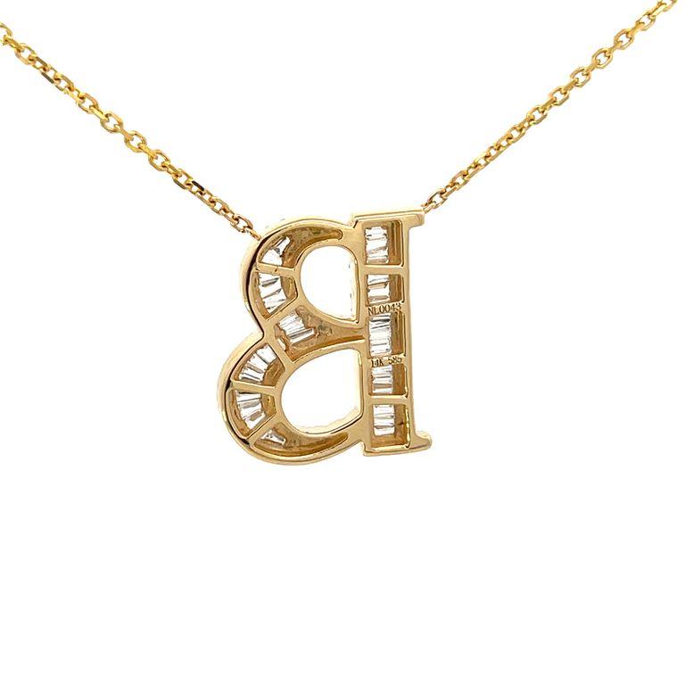 Modern Initial Diamond Pendant Necklace Baguette & Round 0.80CT G/SI 14K Yellow Gold For Sale