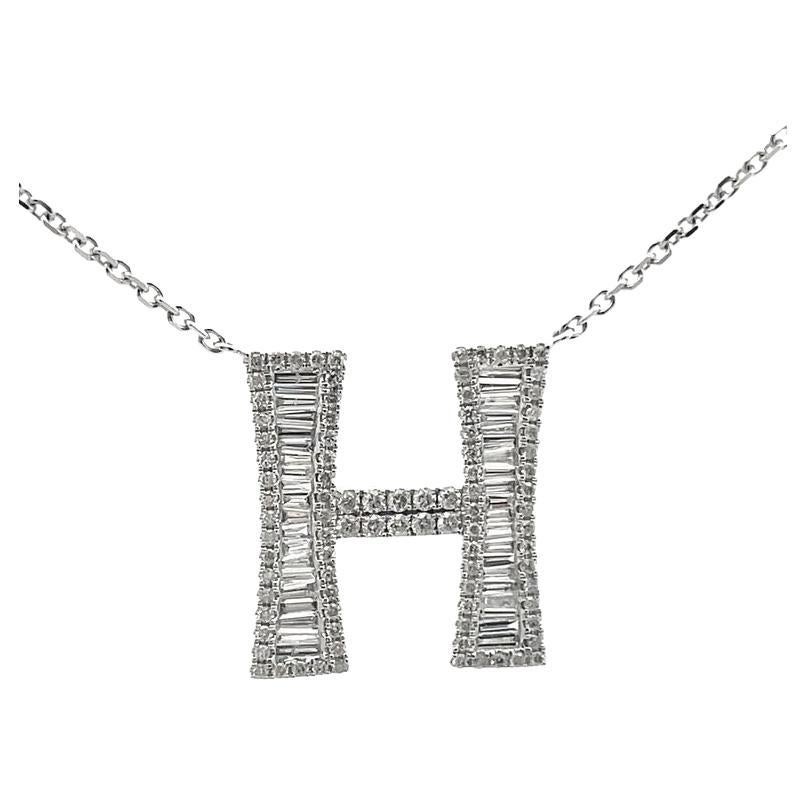 Initial Diamond Pendant Necklace Baguette & Round 0.85CT G/SI 14K White Gold For Sale