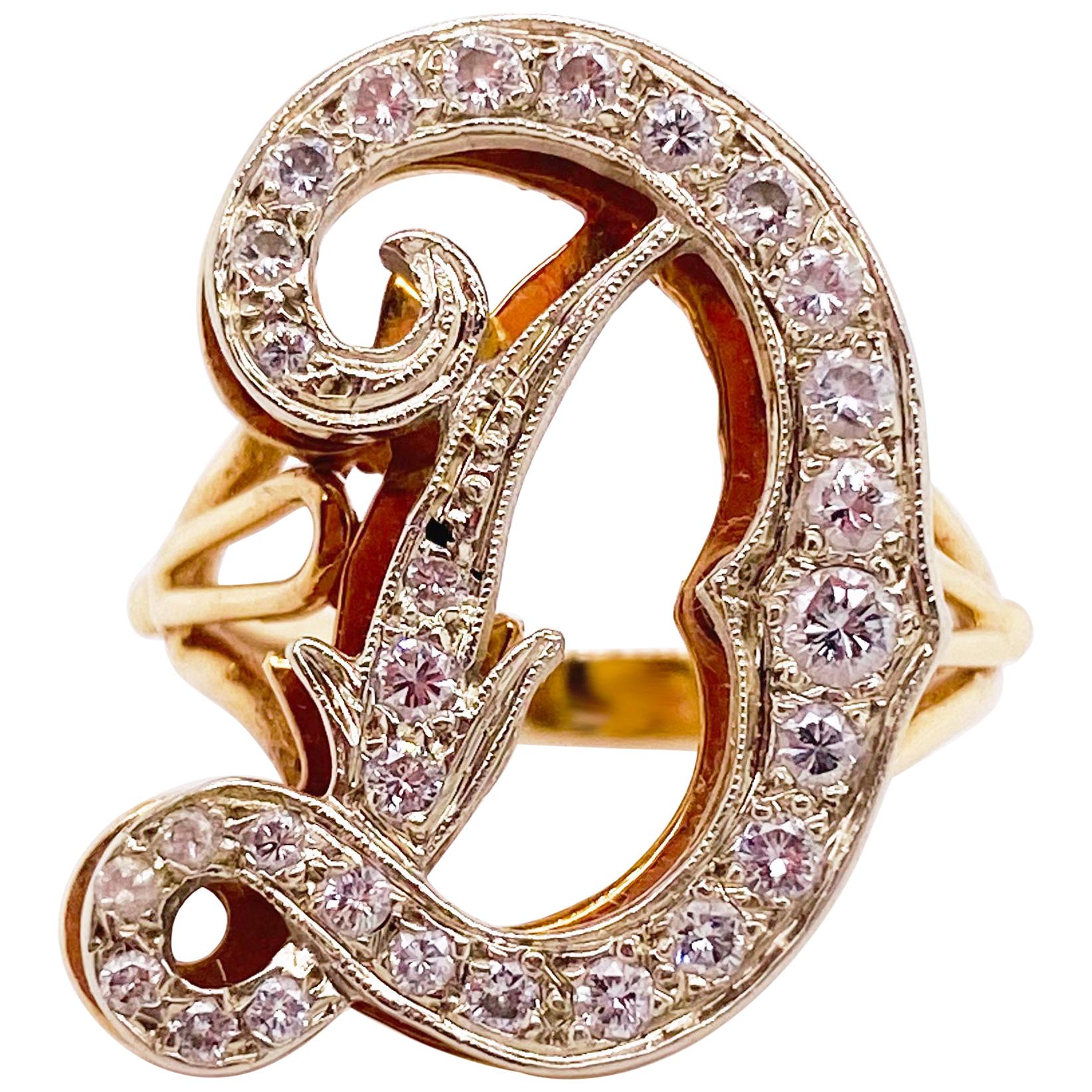 Initial Diamond Ring, Letter D Ring, White and Yellow Gold, Diva Ring, Diamond D