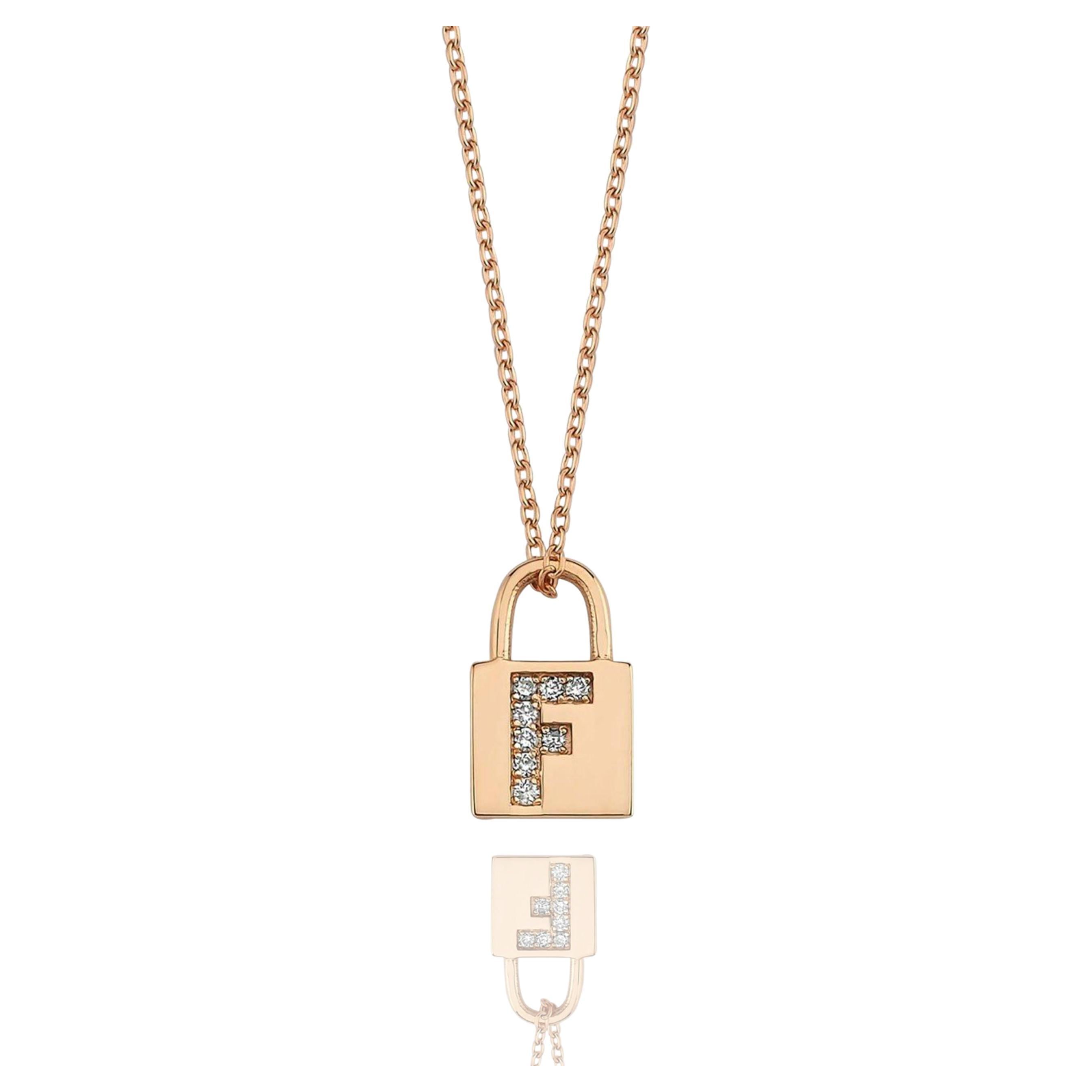 Initial F Diamond Lock Charm Necklace 14K Rose Gold For Sale