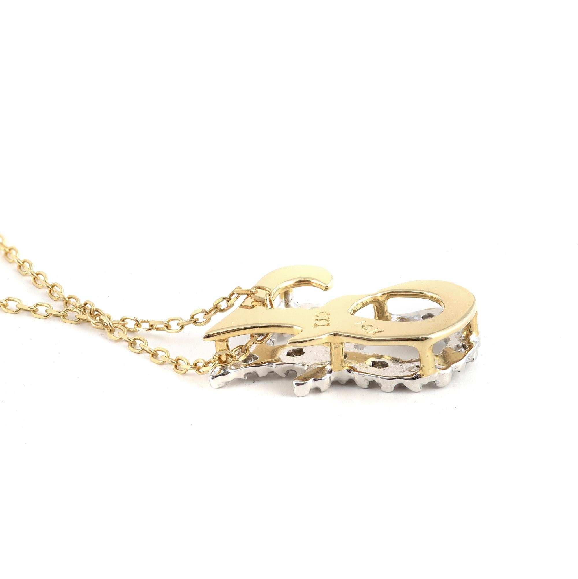 Pendentif « F » initial avec diamants 0,12 carat en or blanc et jaune 14 carats Neuf - En vente à Los Angeles, CA