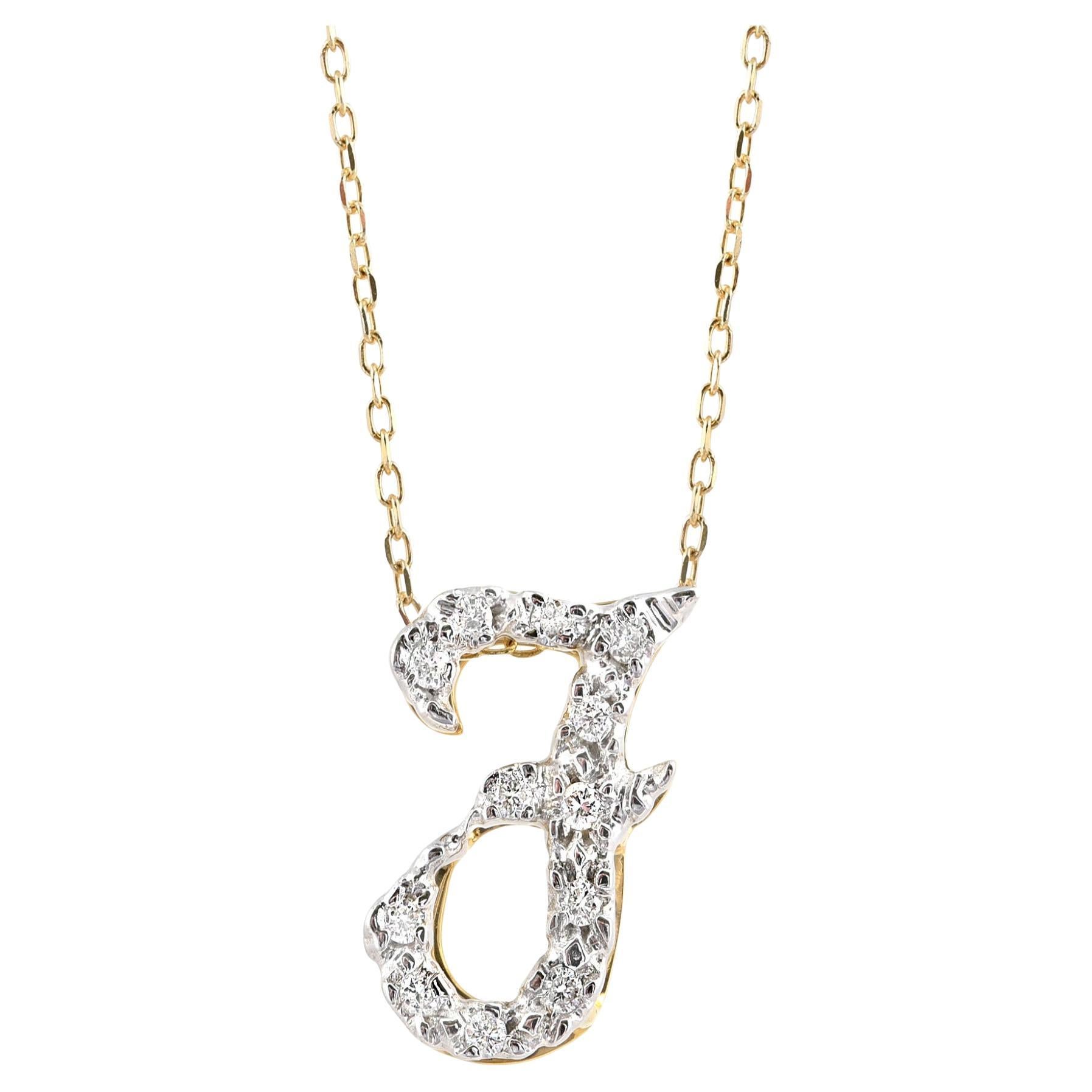 Initial "F" Pendant with Diamond Stones 0.12 carats in 14K White and Yellow Gold