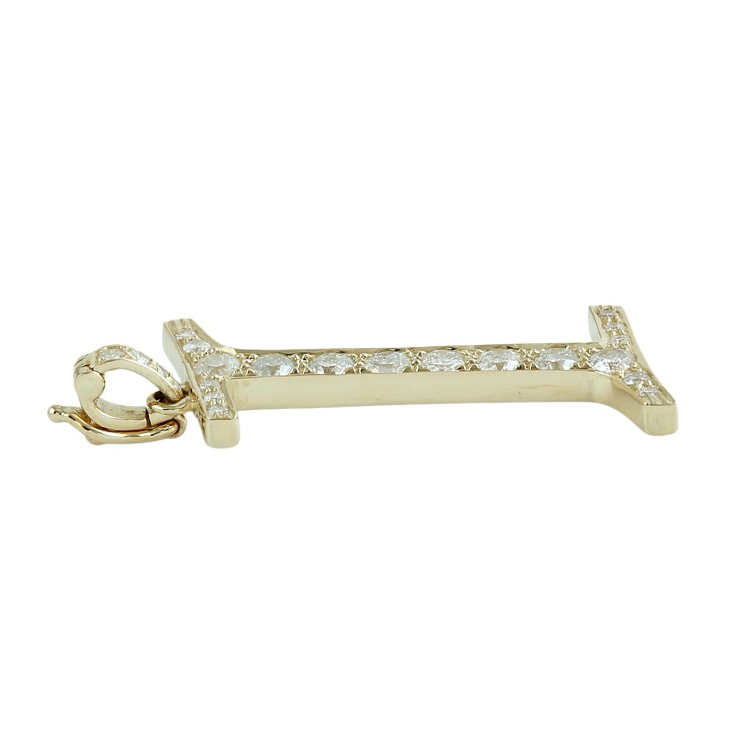 Taglio misto Ciondolo alfabeto con lettera iniziale I e diamanti in oro giallo 14k in vendita