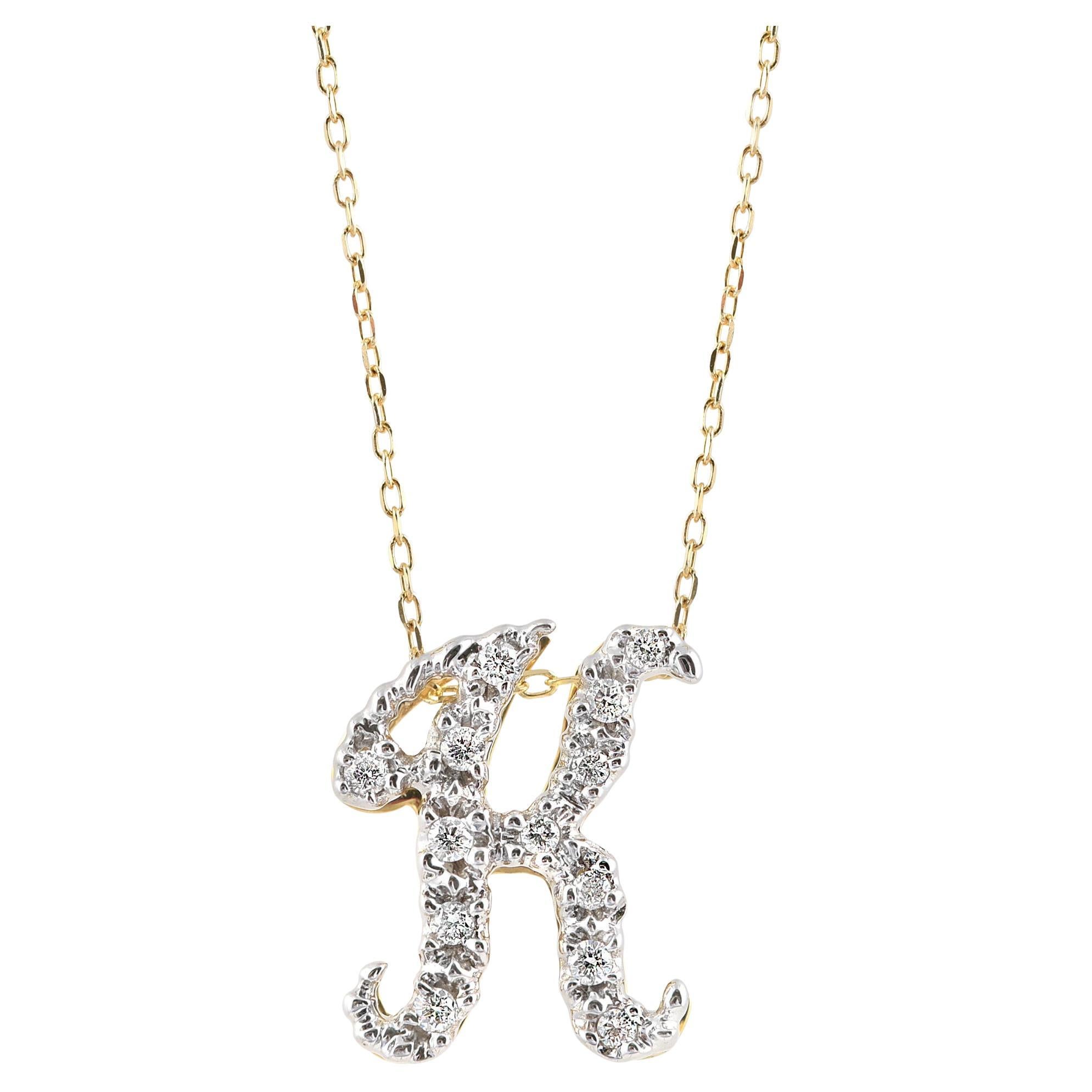 Pendentif « K » initial avec pierres de diamant 0,13 carat en or blanc et jaune 14 carats