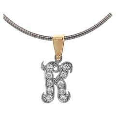 Antique Initial "K" Pendant with Old Cut Diamonds in White & Yellow Gold on Steel Omega