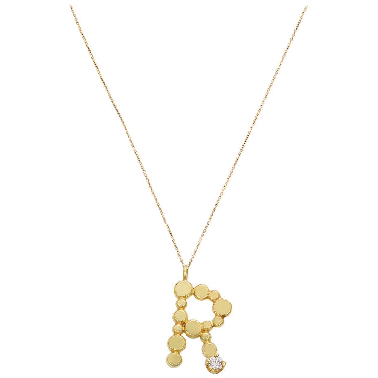 Sweet Pea Initial Letter Diamond and 18 Karat Gold Letter 
R
 Charm Necklace For Sale
